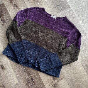 Vtg 90s East West chenille colour block grunge fuzzy cropped sweater / sz S-M